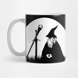 Moon Meditating Wizard - Minimalist Black and White Fantasy Silhouette Mug